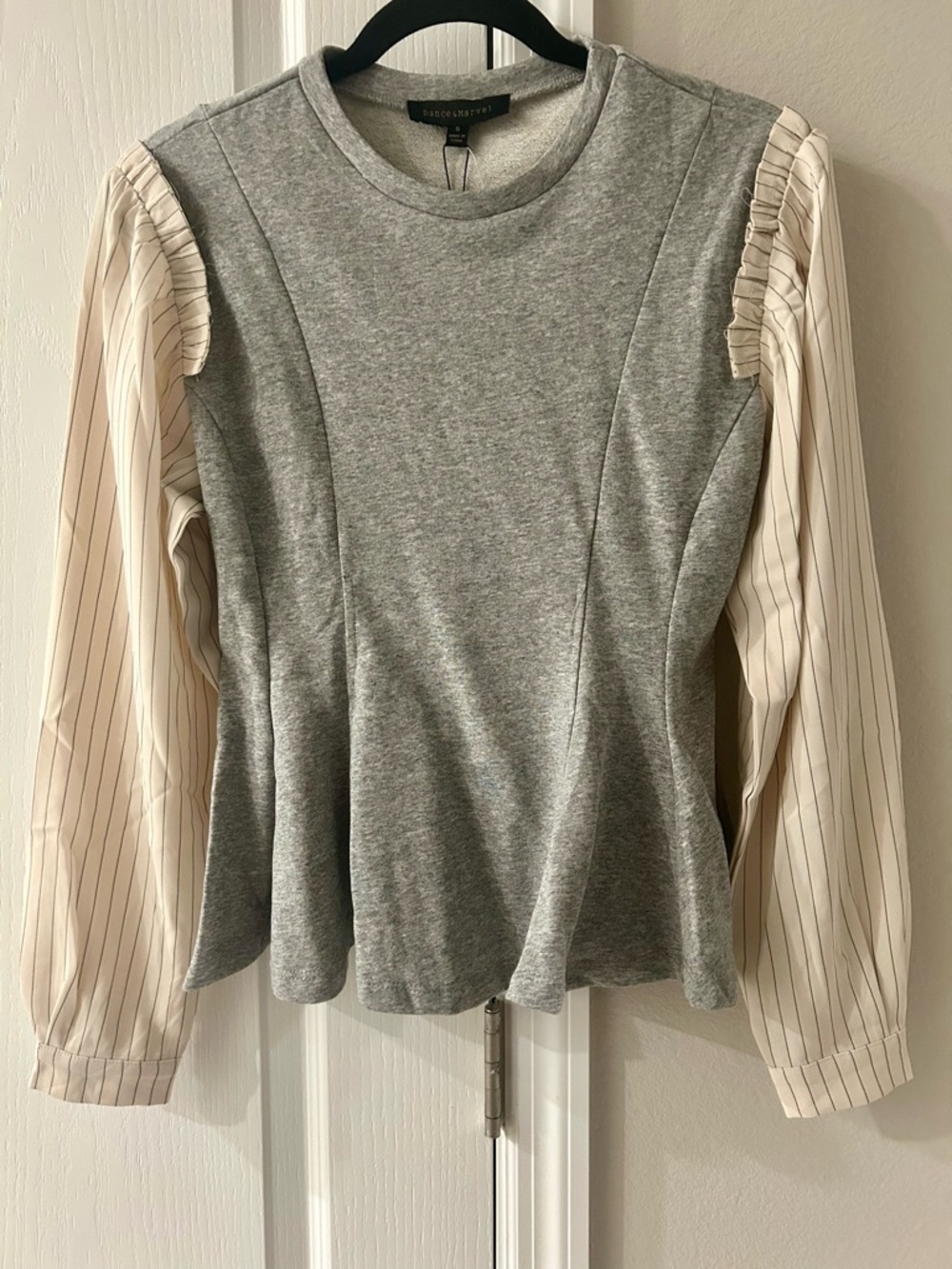 Dance & Marvel Heather Gray Sweatshirt Top with Cream Pinstripe Sleeves